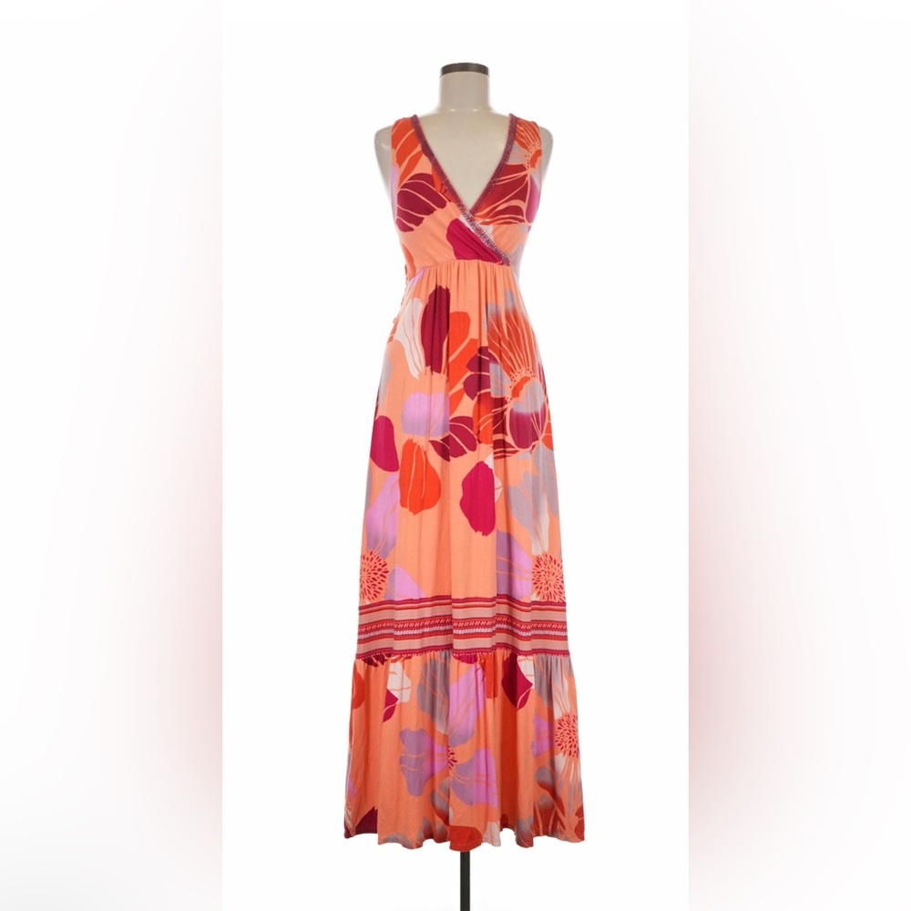 Hale Bob Cabana Maxi Dress Beaded V Neck Floral Orange Pink M